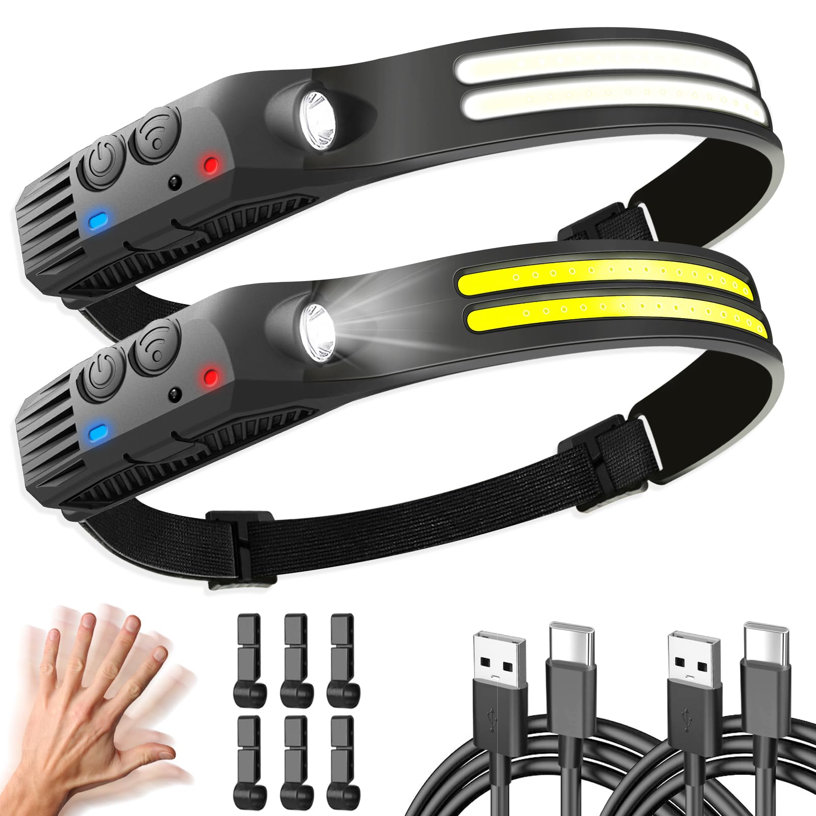 Headlamp Rechargeable, 2 Pack LED Headlamp 230° Wide Beam 2000 Lumen with Motion Sensor, Super Bright IPX5 Waterproof Head Lamps, Headlight Flashlight for Hiking, Running, Camping