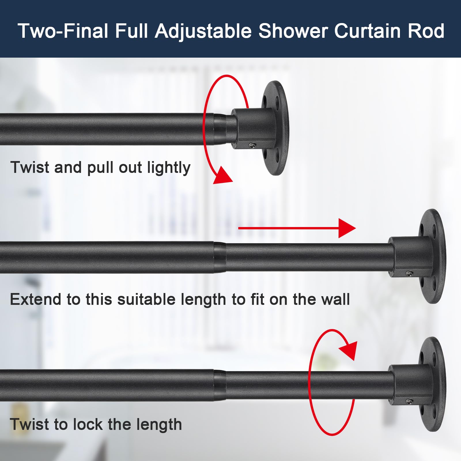 CALCHELE Shower Curtain Rod, Adjustable Shower Curtain Rods 29-64 Inches, Heavy Duty Black Shower Rods for Bathroom, Closet, Windows
