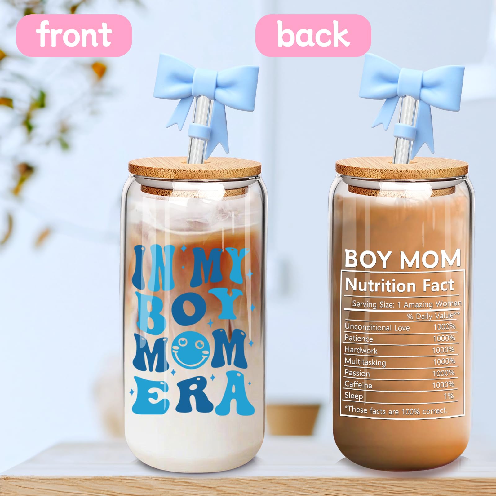 ANOTION in My Boy Mom Era Gift Set - Boy Mom Iced Coffee Cups, Mothers Day Coffee Mug with Straw, New Mom Gifts, Mother's Day Card, Mama Birthday Gift, Glass Tumbler Drinking Cup for Mother