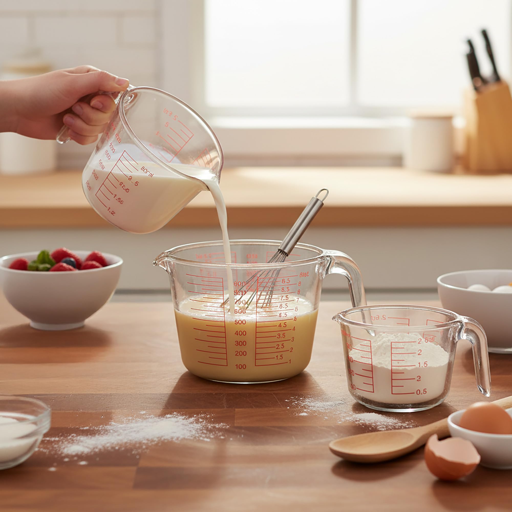 CUTEPLAN 6 Pcs Glass Measuring Cups Set with Lids (Strainer Included) - 1-Cup/2-Cup/4-Cup Nesting Jugs with Easy-Grip Handles, Kitchen Liquid Measuring