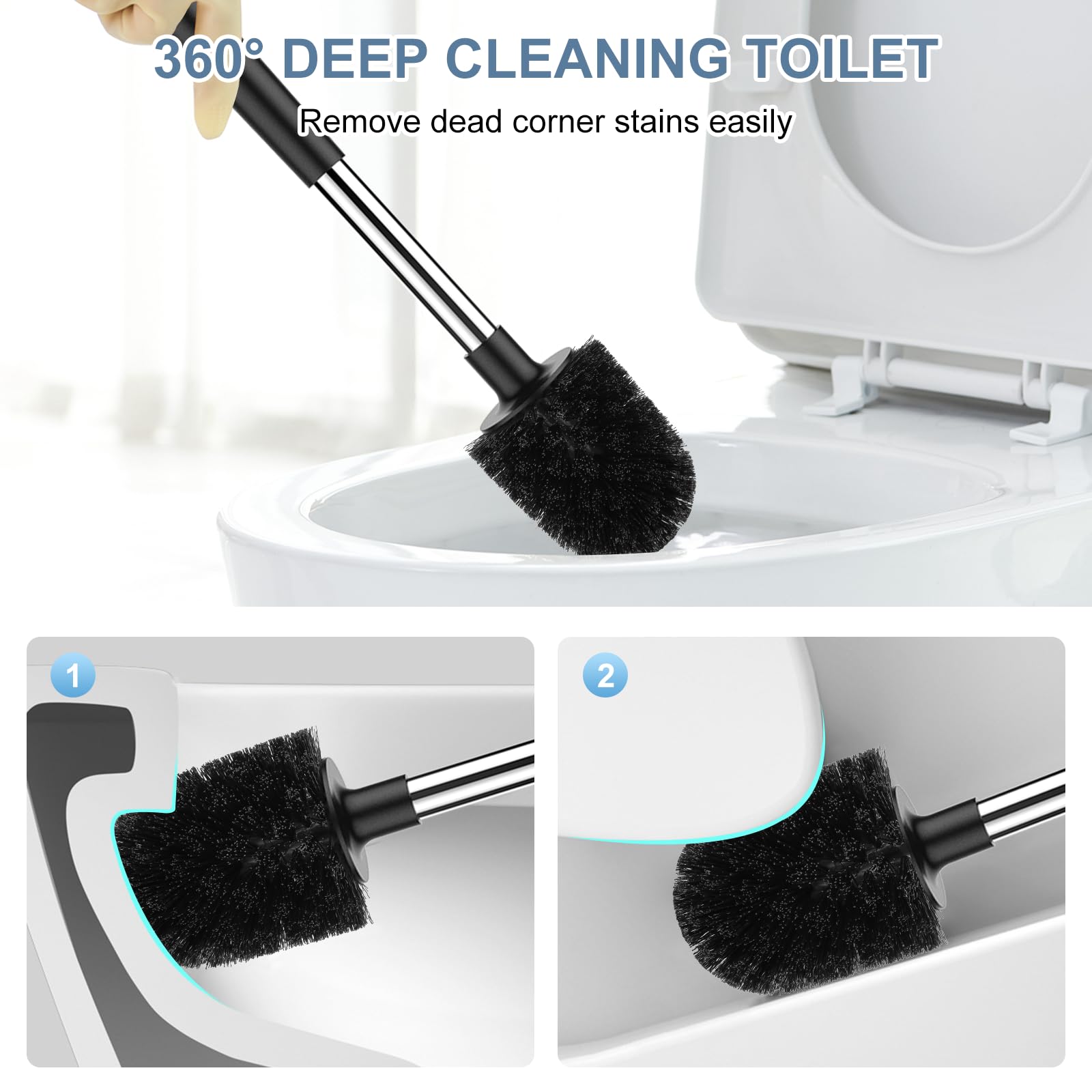 SetSail Toilet Brush and Holder 2 Pack, Self Closing Lid Toilet Bowl Brushes Holder and Extra Long Handle Ventilated Toilet Brush Set for Bathroom Cleaning, Nylon Bristles, Black