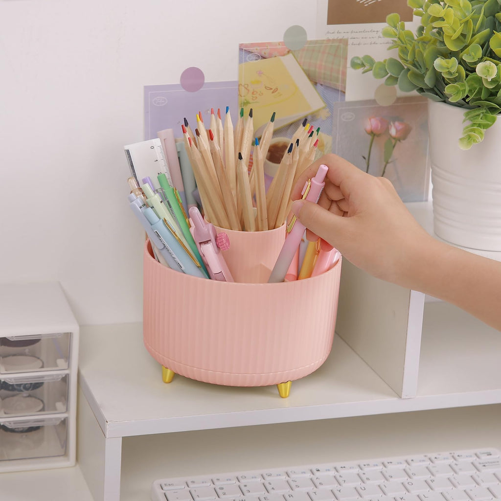 SKYDUE Pink 360 Rotating Plastic Desk Pen Organizer with 5 Slots, Dual-Purpose Art Supply Pencil Cup for Office, School, Home
