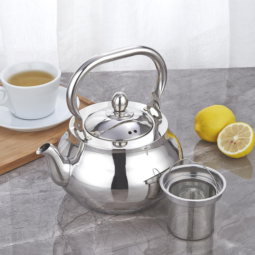 SANQIAHOME Stainless Steel Teapot with Removeable Infuser 71 oz (2000ml) Thickened Mirror Polished Stovetop Tea Maker for Herbal and Infusion