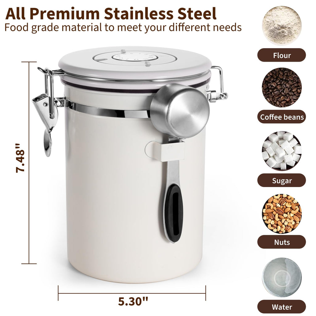 Olyzer Stainless Steel Coffee Canister 22 oz, Airtight Coffee Storage Container with Scoop, Date Tracker & CO2 Releasing Valves, for Grounds and Beans, White
