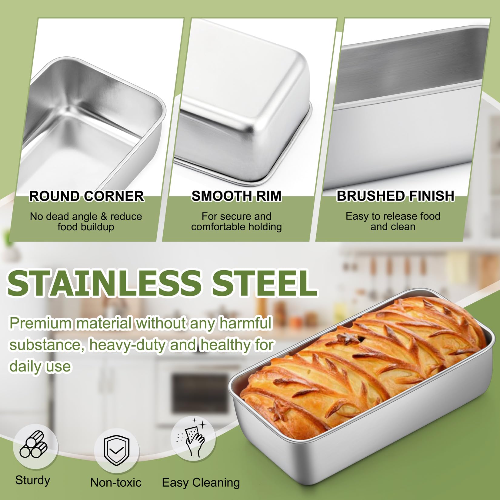 P&P CHEF Loaf Pan Set, 9-inch Bread Pans, Stainless Steel Loaf Toast Baking Pans for Bread Meatloaf Lasagna Cake, Healthy & Non Toxic, Oven & Dishwasher Safe, (Silver, 2Pcs)
