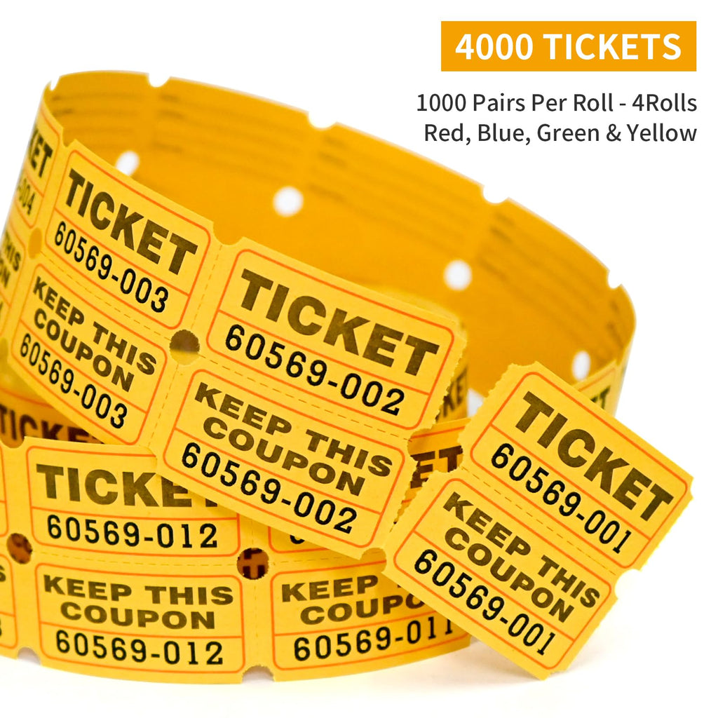 L LIKED 4000 Pairs Raffle Tickets with Consecutive Serial Numbers, 50/50 Raffle Tickets Double Roll for Events, Entry, Class Reward & Prizes (Blue+Red+Green+Yellow)