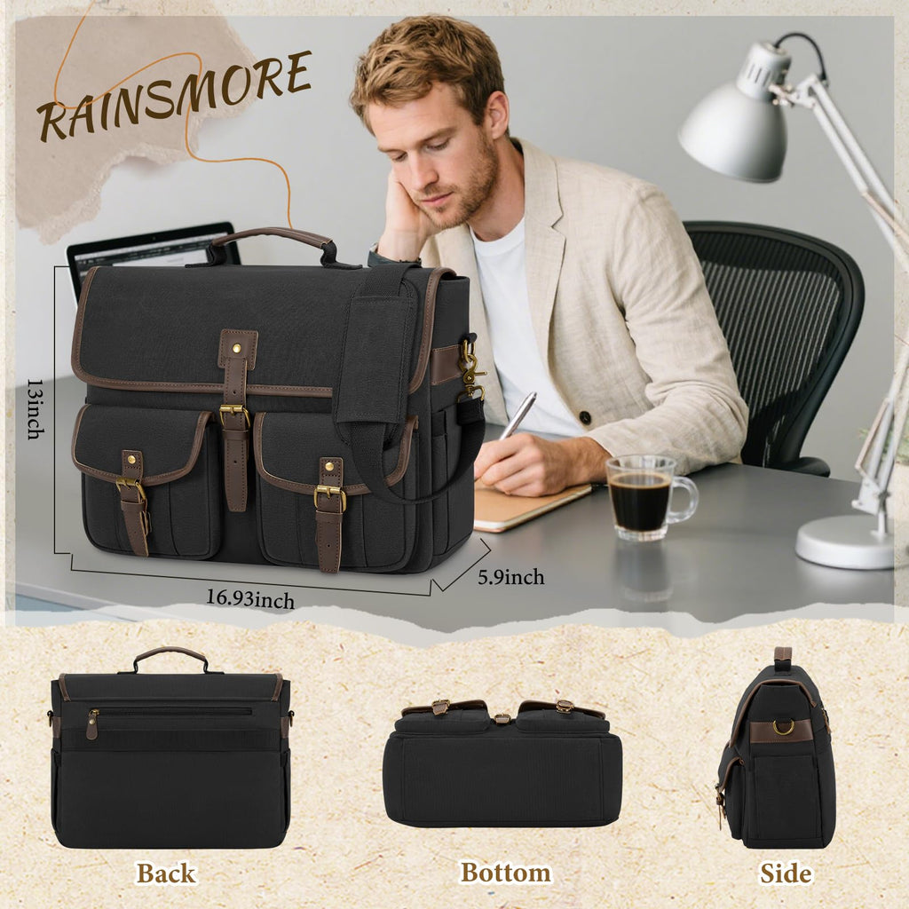 RAINSMORE Canvas Messenger Bag Men 17.3 Inch Laptop Bag Waterproof Computer Briefcase Retro Satchel Bag Large Shoulder Bag