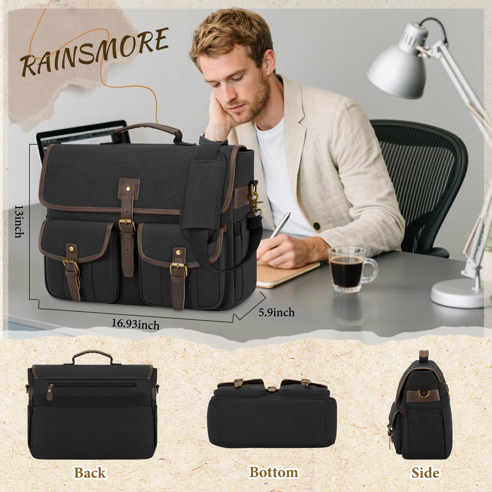 RAINSMORE Canvas Messenger Bag Men 17.3 Inch Laptop Bag Waterproof Computer Briefcase Retro Satchel Bag Large Shoulder Bag