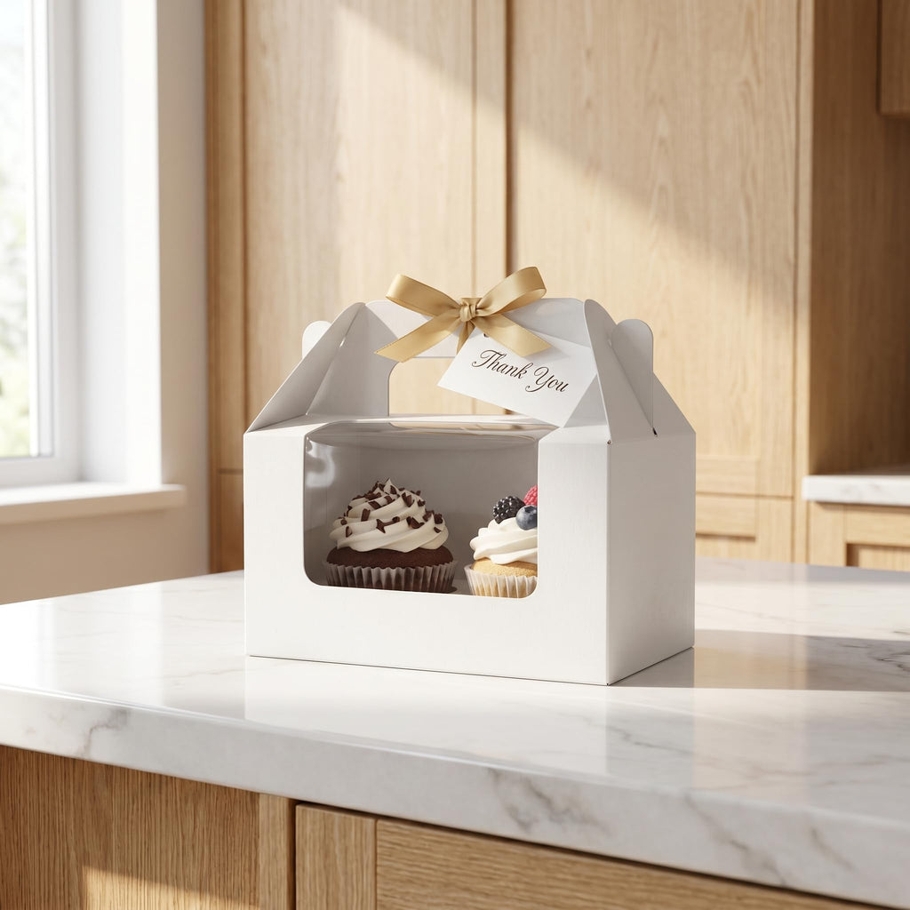 Jucoan 60 Pack 2 Count White Paper Cupcake Boxes with Insert, Handle and Window, Portable Cupcake Muffin Containers, Gable Bakery Gift Boxes Party Favor Treat Boxes for Wedding Birthday Baby Shower
