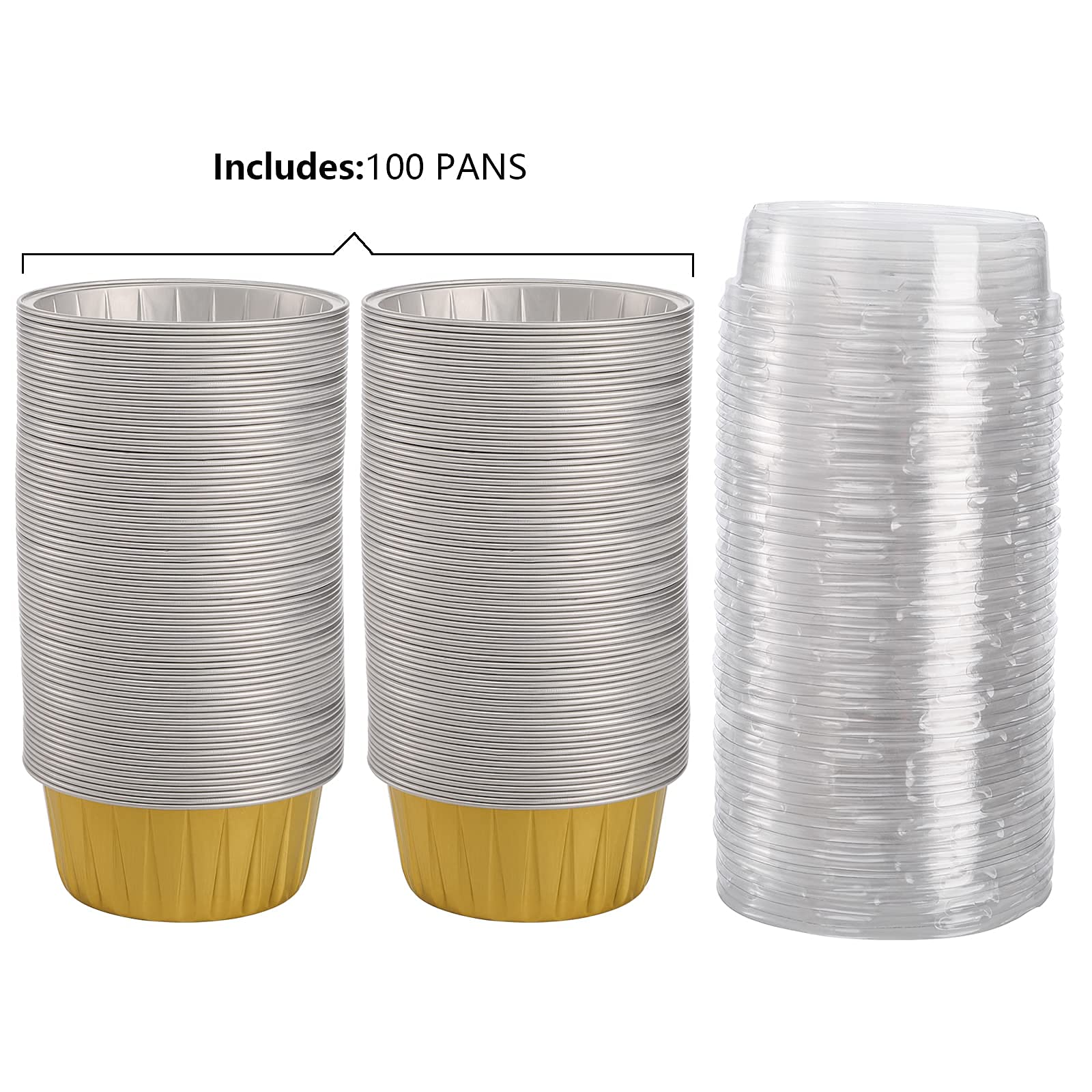 DEAYOU 100-Pack Aluminum Foil Baking Cups with Lids, 5oz Muffin Cupcake Ramekins, 3" Recyclable Cupcake Foil Liners Mini Tart Pie Tin Pan Holder for Souffle, Pudding, Party, Wedding, Gold