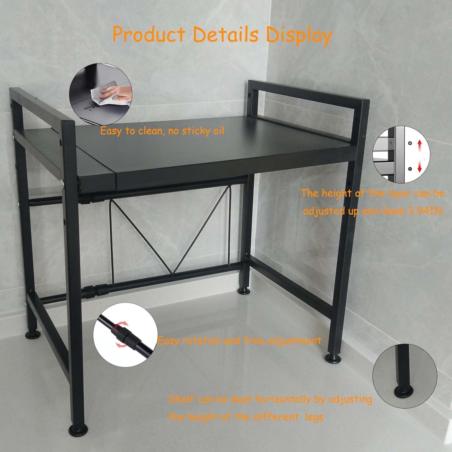 LUCKY KVW Microwave Oven Rack, Adjustable Shelf with 6 Hooks, Extendable Kitchen Microwave Stand with Storage