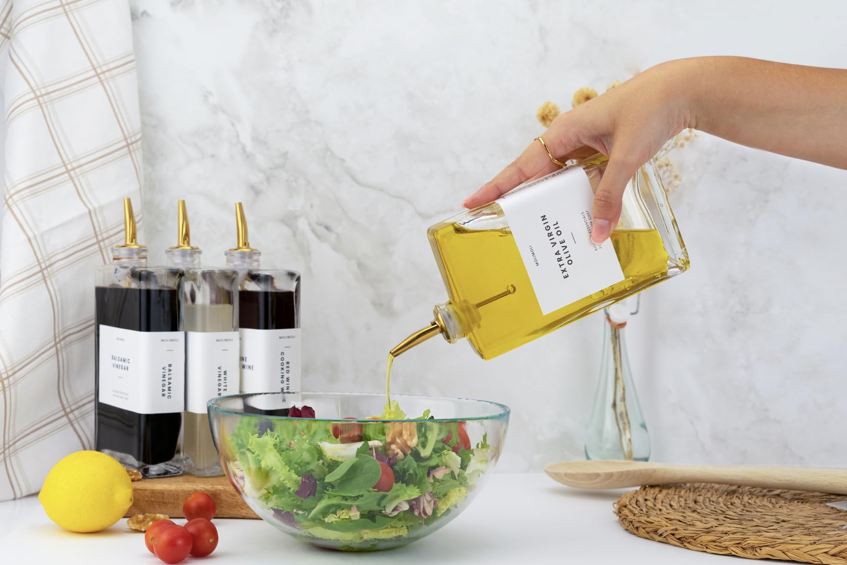 Molimoli Olive Oil Dispenser Bottle for Kitchen, Automatic Pourer, Glass Bottle Dispenser for Kitchen, Olive Oil Cruet, Glass Olive Olive Bottle | Set of 2 - Gold