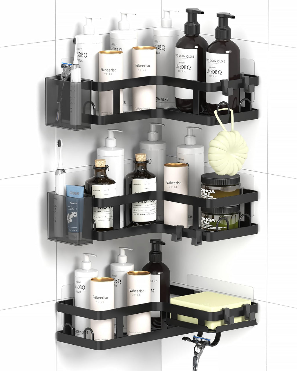 Gabeeriso Shower Caddy Corner, Bathroom Organizers Soap Holder Shower Shelves 2-in-1, Bathroom Shelves with 18 Hooks, Rust-Resistant Adhesive Shower Shelf No Drilling. (L-Shaped Black 3-Pack)