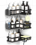 Gabeeriso Shower Caddy Corner, Bathroom Organizers Soap Holder Shower Shelves 2-in-1, Bathroom Shelves with 18 Hooks, Rust-Resistant Adhesive Shower Shelf No Drilling. (L-Shaped Black 3-Pack)