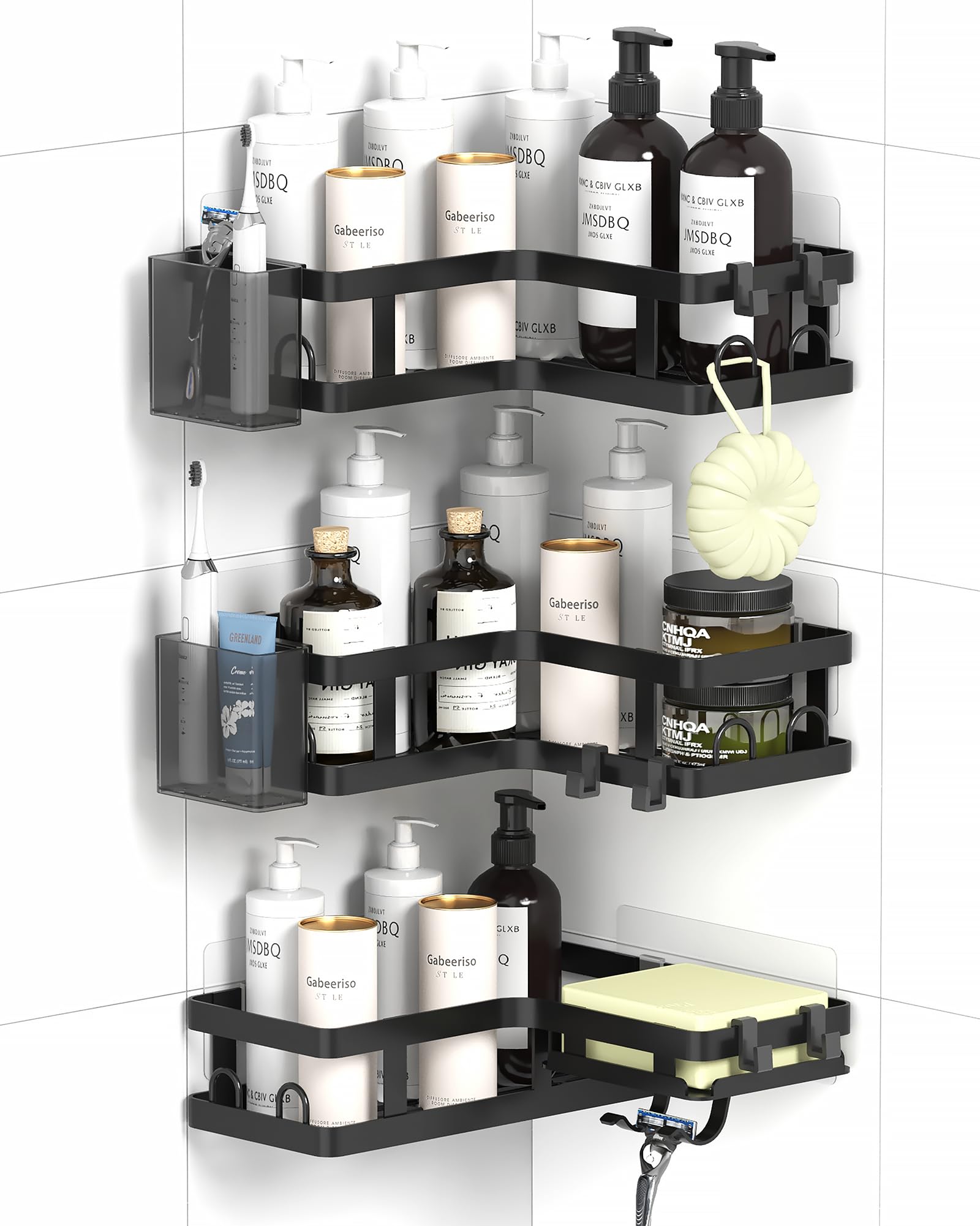 Gabeeriso Shower Caddy Corner, Bathroom Organizers Soap Holder Shower Shelves 2-in-1, Bathroom Shelves with 18 Hooks, Rust-Resistant Adhesive Shower Shelf No Drilling. (L-Shaped Black 3-Pack)