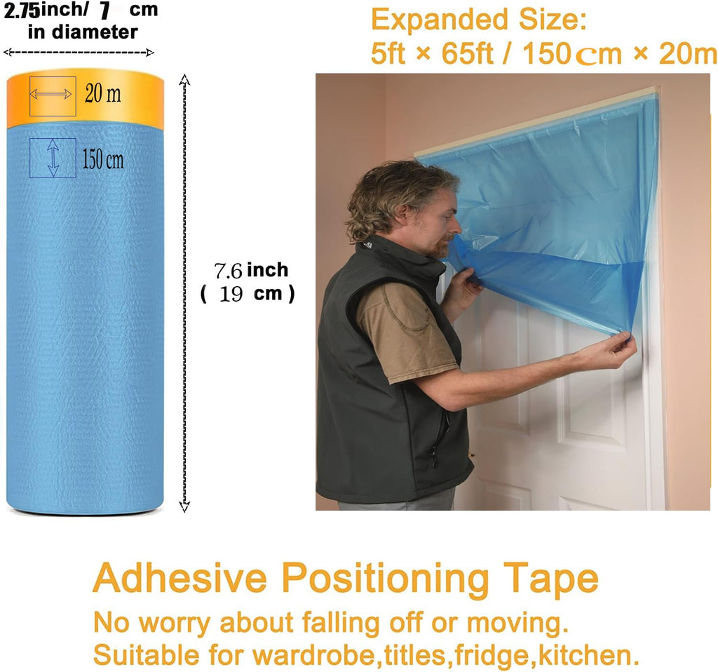 Pre-Taped Masking Film for Painting - 60" x 66' Painters Plastic Sheeting with Automotive Paint Tape and Drape for Covering Cars, Walls, Windows and Furniture Protection (3 Rolls)