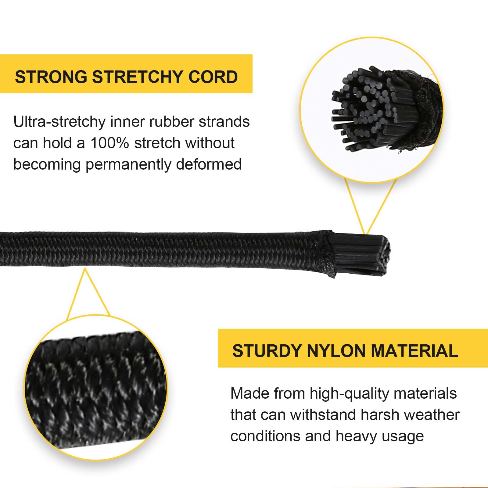 Zakous Strong and Durable Bungee Cord Roll - 3/16" x 100ft Elastic Cord, Kayak Stretch String Rope, Bungee Shock Cords for Repairing Tent Poles, DIY, Tie Downs, Black