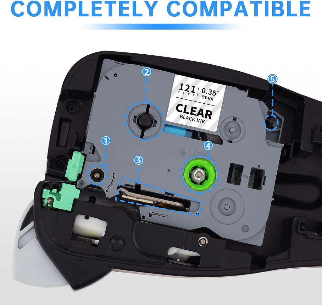 Unismar Compatible for Brother TZe-121 TZe121 TZ121 9mm Label Tape for PT-D200 PT-D210 PT-D600 PT-D400 PT-H100 PT-H110 PT-1280 Label Maker, 3/8 inch x 26.2 feet, Black on Clear, 5-Pack
