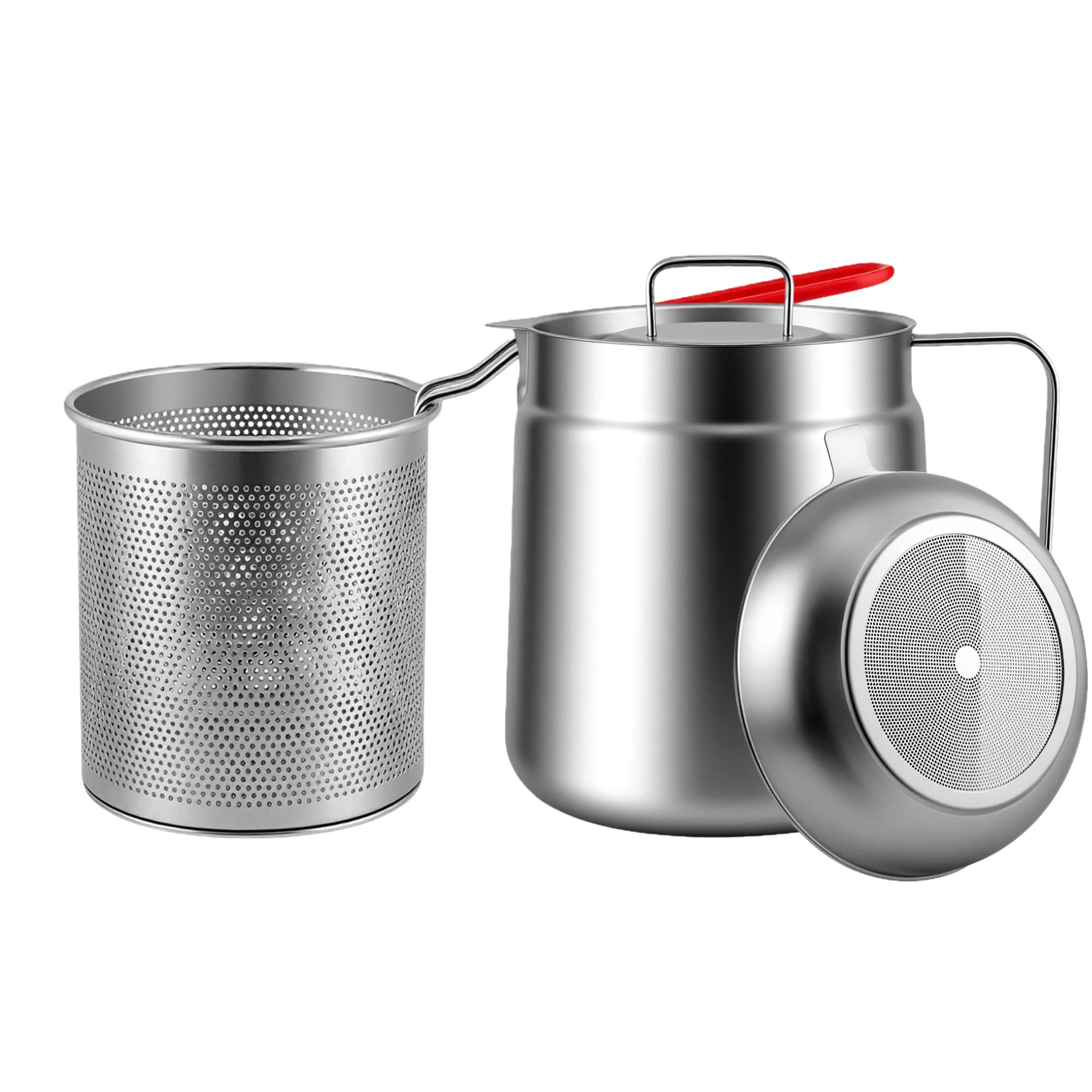 2-in-1 Deep Fryer Pot with Basket(2.1L), Stainless Steel Oil Strainer Pot, 304 Food-Grade Frying Pot with Fine Mesh Oil Filter for Cooking & Bacon Grease Storage