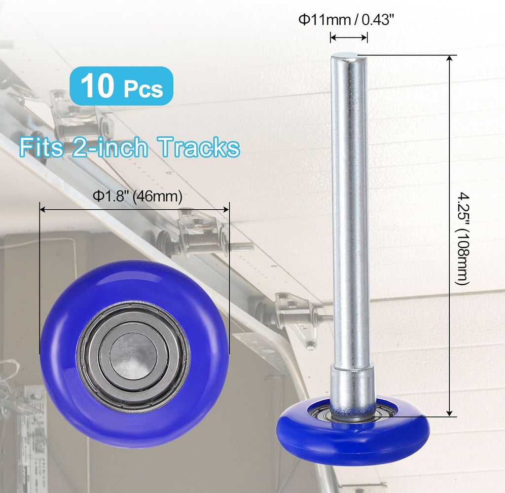 Linwnil 1.8" Nylon Garage Door Rollers for 2" Garage Track, 4.25" Stem Quiet Garage Door Wheels, 6200zz Precision Bearing 8 Balls, Blue (4.25" Stem 10pcs)