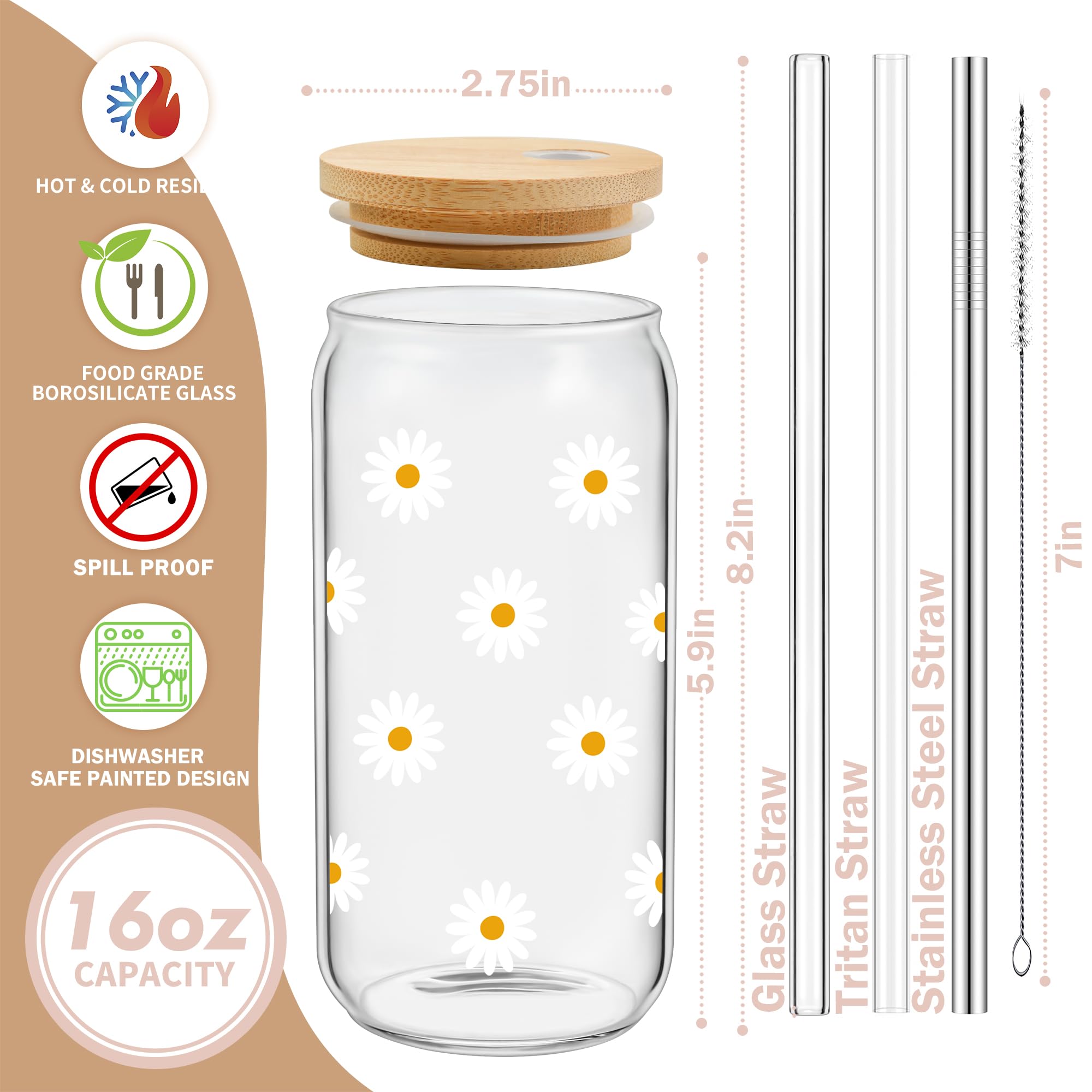 Cute Glass Cups with Lids and Straws, Daisy Design Iced Coffee Cup, Aesthetic Mug Tumbler for Women, Flower Drinking Glasses, Birthday Valentines Christmas Mothers Day Coffee Lover Gifts for Women