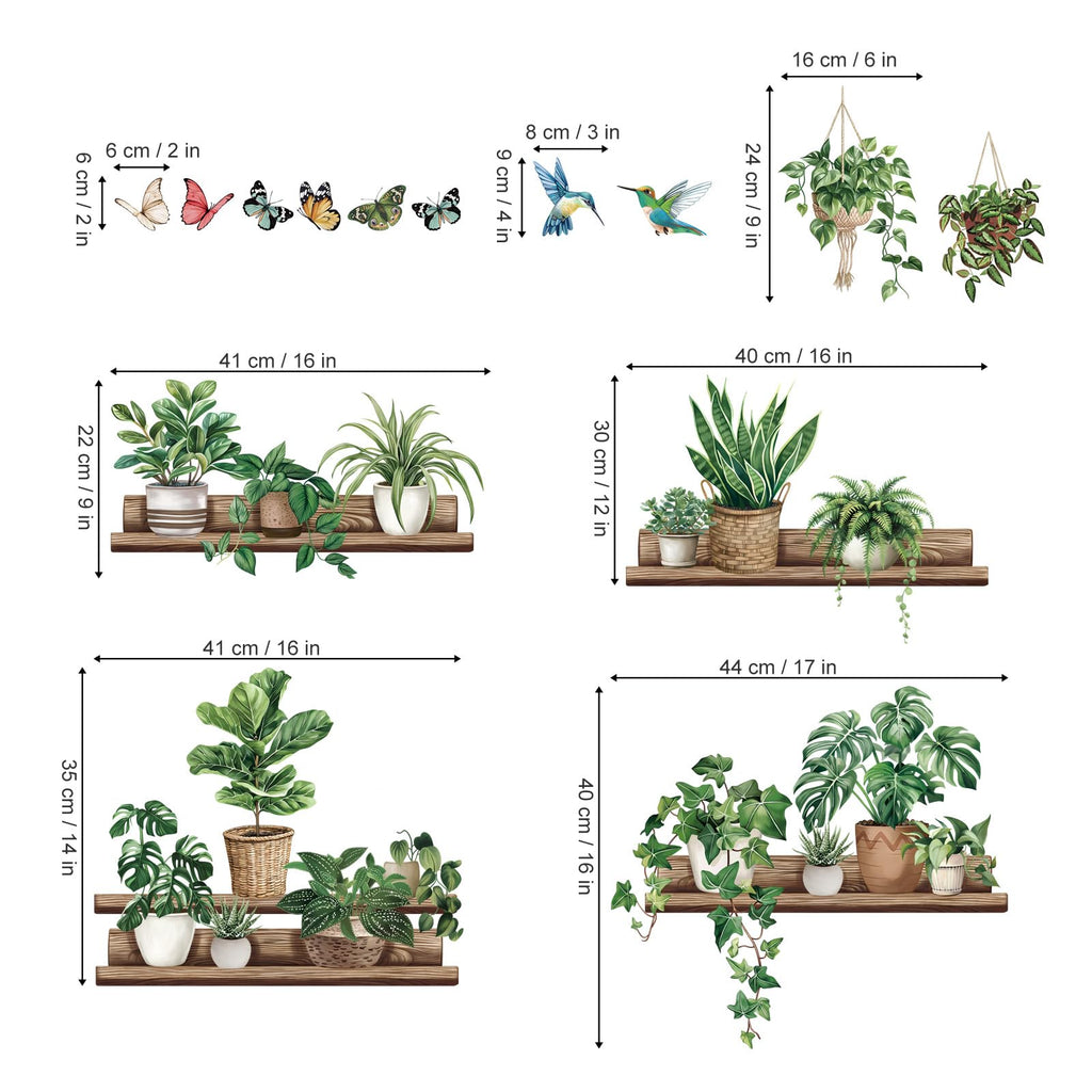wondever Green Pot Plants Wall Stickers Leaves Potted Plant Butterfly Bird Peel and Stick Wall Art Decals for Living Room Bedroom Tv Background Wall Decor