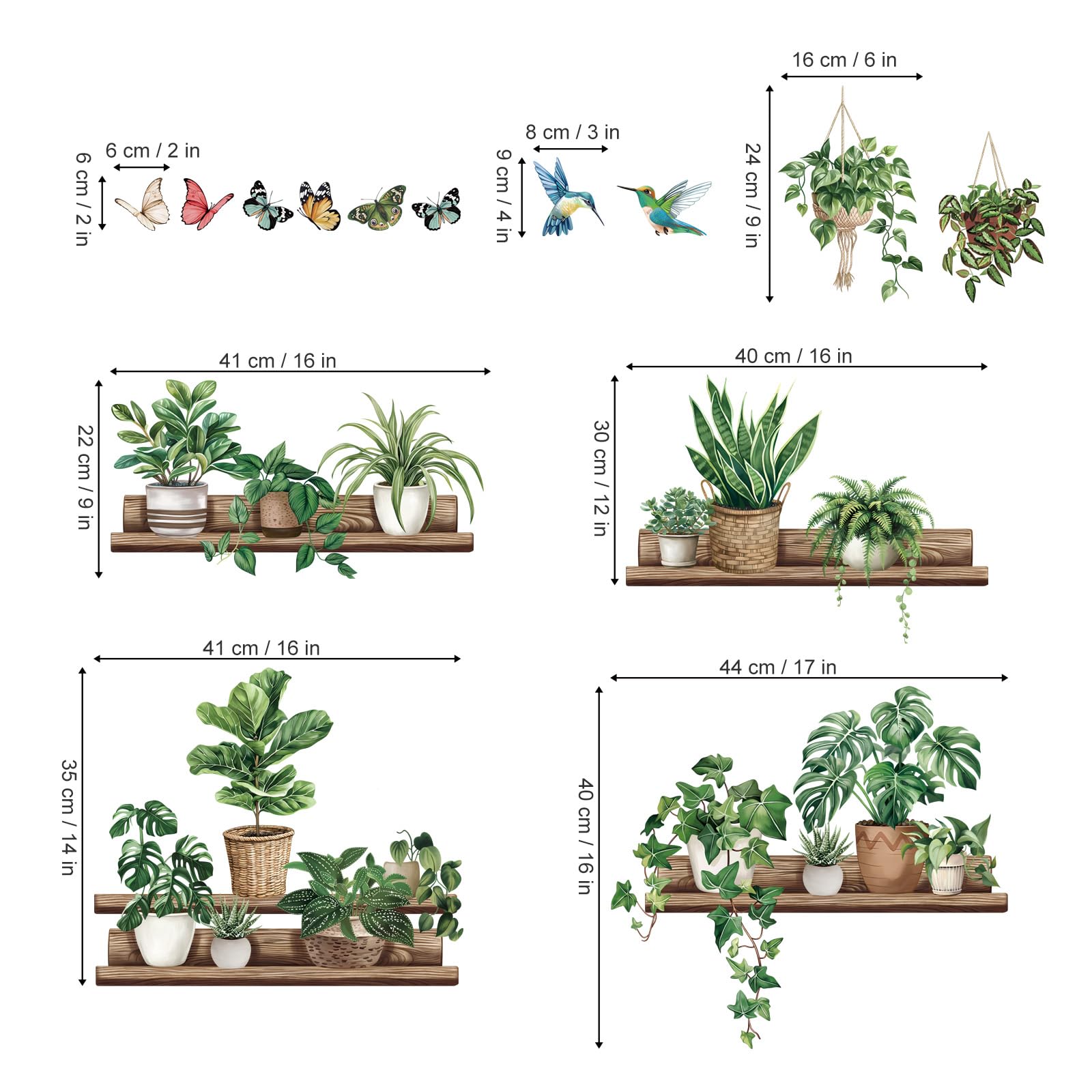 wondever Green Pot Plants Wall Stickers Leaves Potted Plant Butterfly Bird Peel and Stick Wall Art Decals for Living Room Bedroom Tv Background Wall Decor