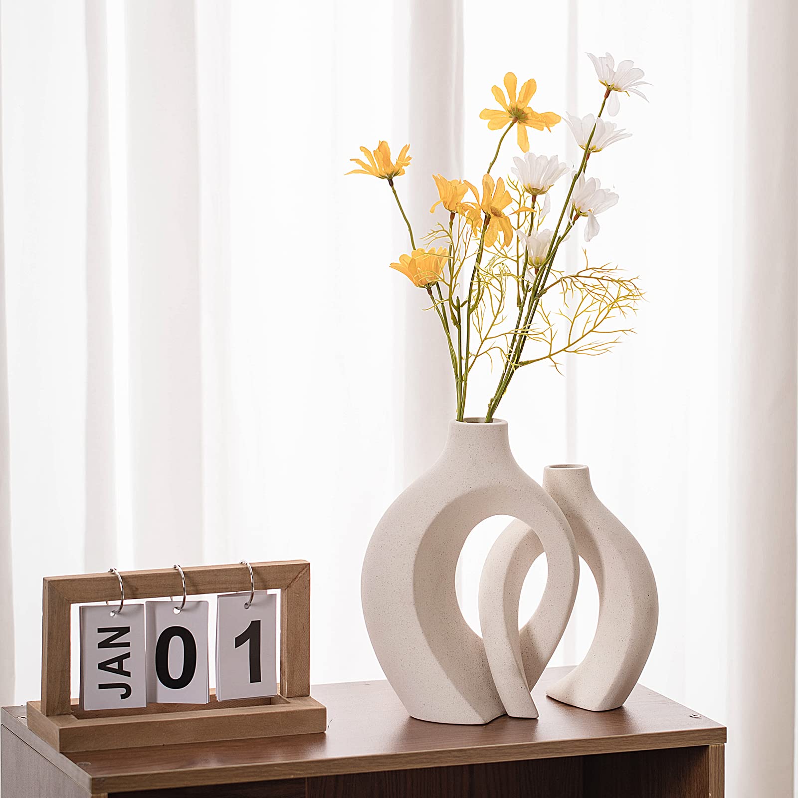Levvohd Hollow Ceramic Vase Set of 2, Modern Nordic Minimalist Book Style Boho Aesthetic Vases for Home Decor Living Room Shelf Entryway Coffee Centerpiece Table Decorative (Cream White)