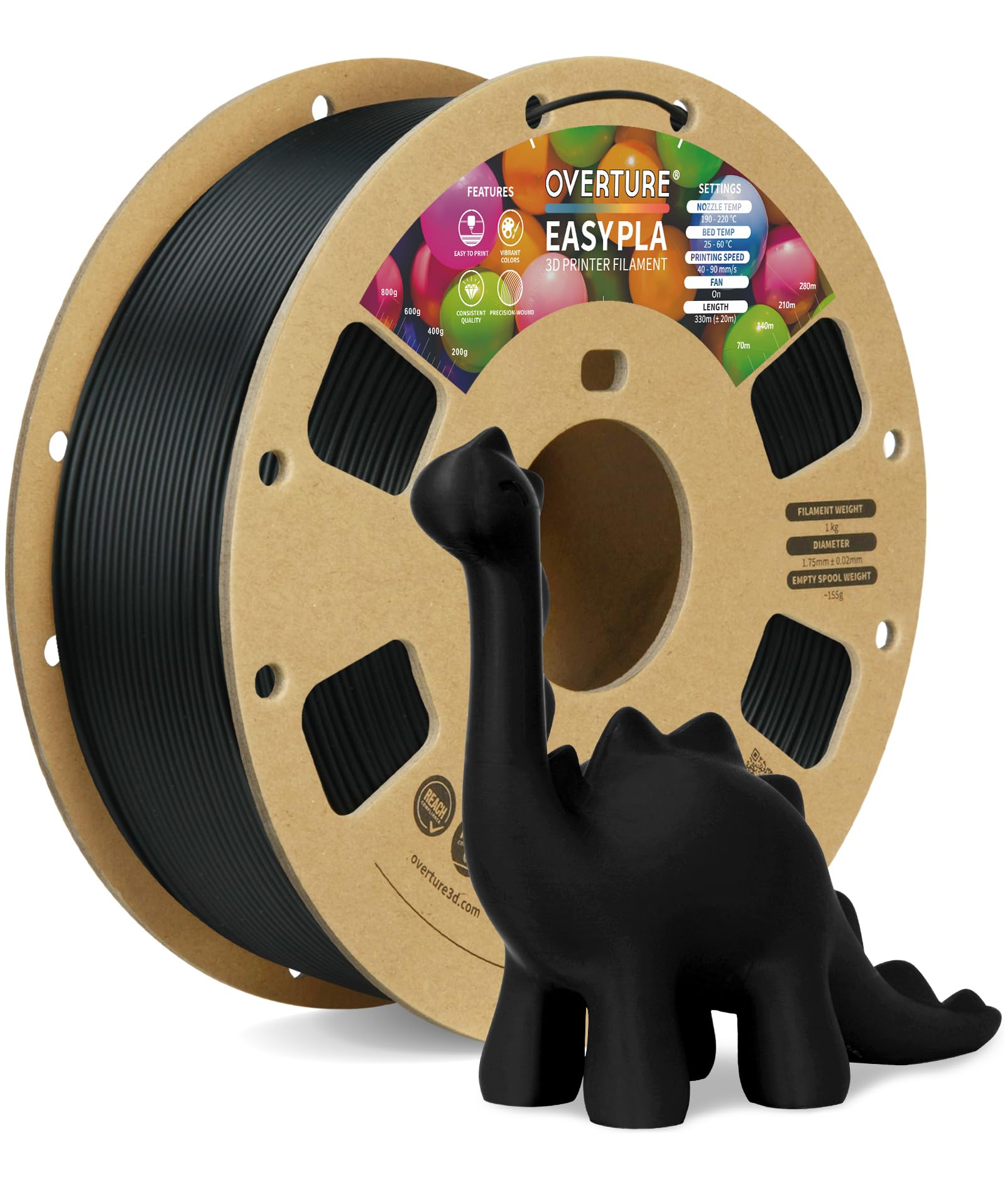 OVERTURE Easy PLA 1.75mm 3D Printer Filament, 1kg PLA Cardboard Spool (2.2lbs), Dimensional Accuracy +/- 0.02mm, Fit Most FDM Printer (Easy Black)