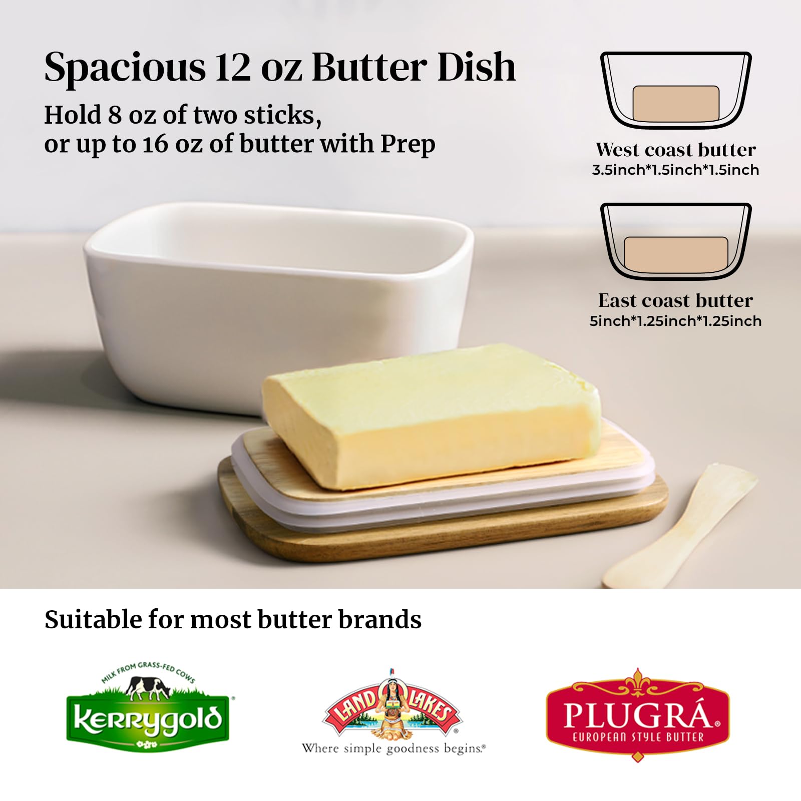 DOWAN Butter Dish, Ceramic Butter Dish with Lid and Butter Holder Container with High-Quality Sealing for Countertop, Large Butter Dishes Holds up to 3 Sticks, White Butter Keeper