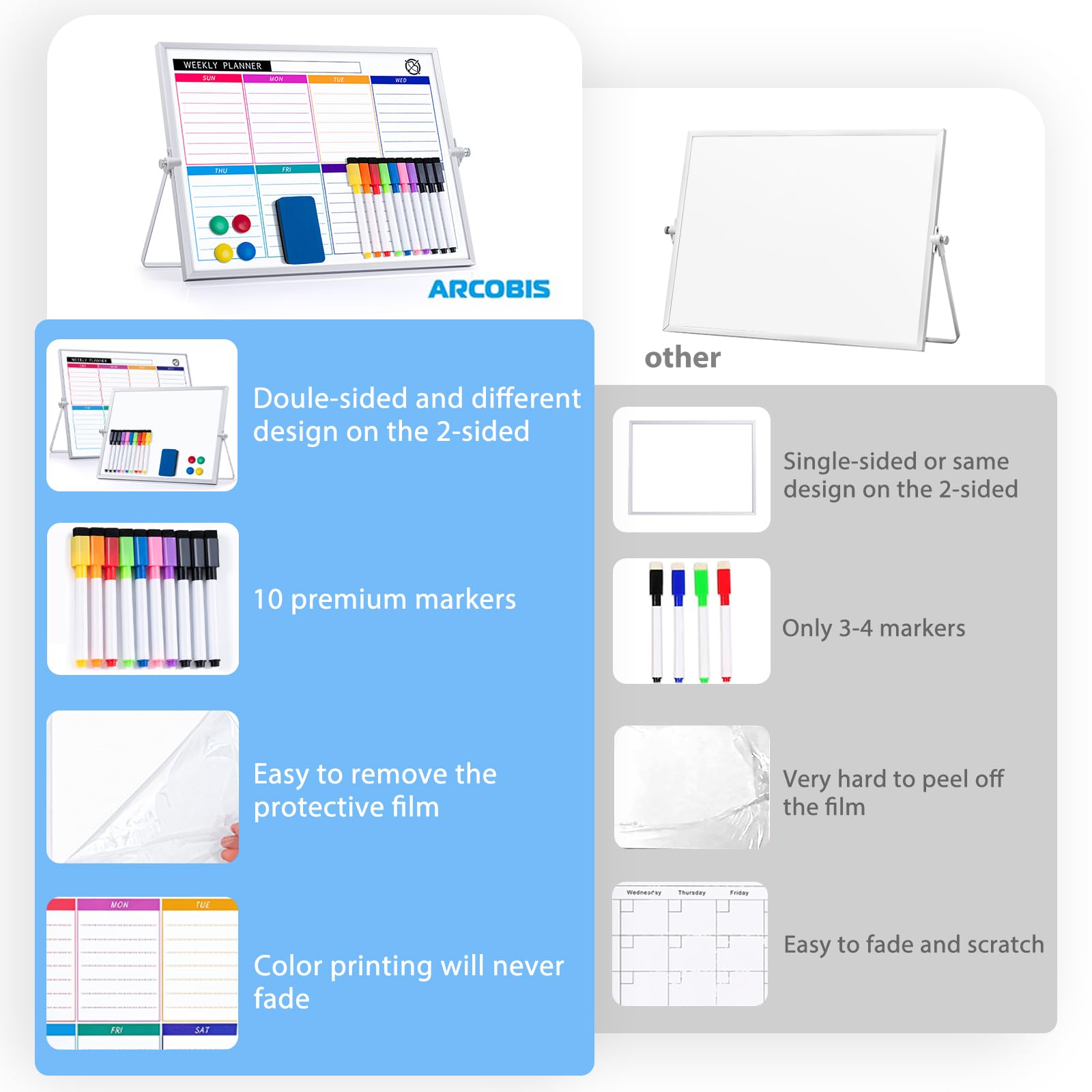 Dry Erase White Board with Stand, ARCOBIS 12" x 16" Weekly Double-Sided Desktop Whiteboard 10 Markers, 4 Magnets, 1 Eraser, Portable Magnetic Dry Erase Calendar for Planning, to Do List, Memo, School