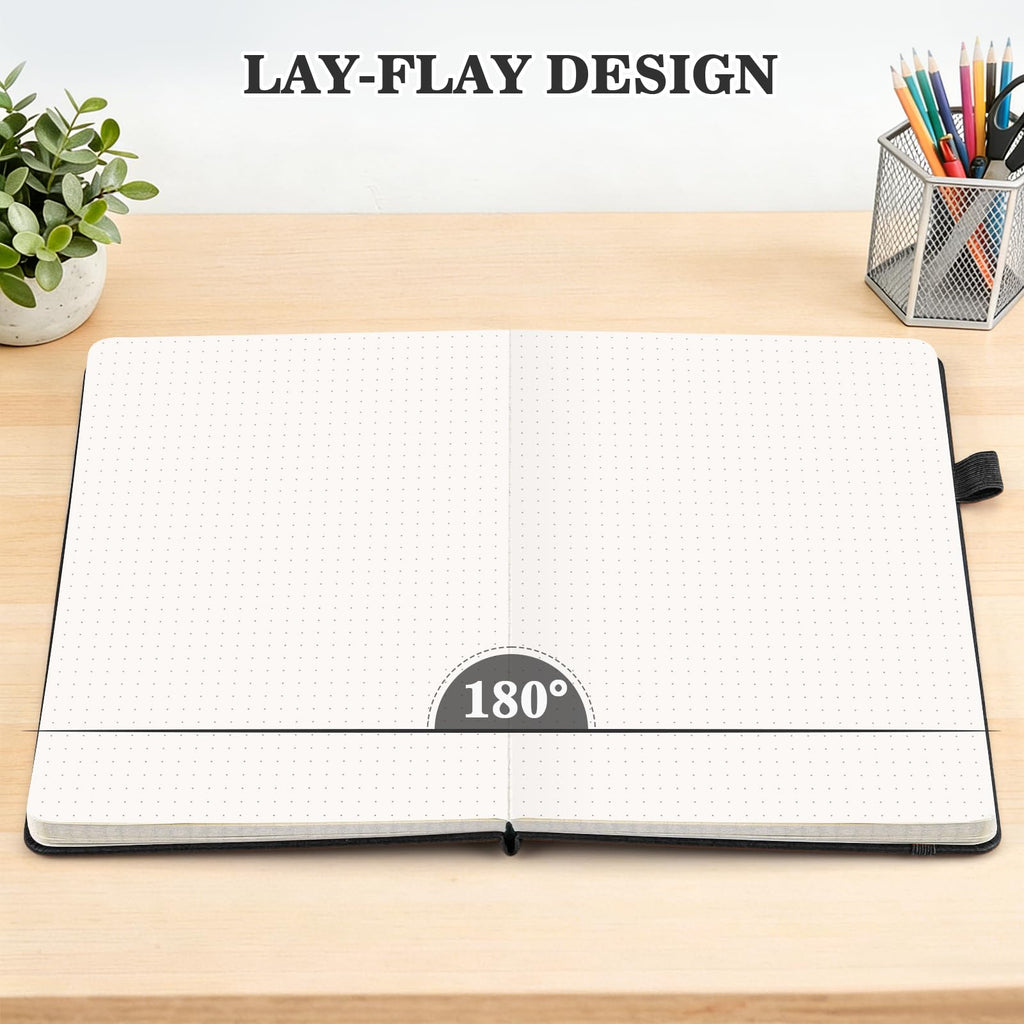 Bullet Dotted Journal Notebook 4 Pack: 160 Pages Per Pack, A5 Medium Size(5.75" × 8.38"), 120 GSM Thick Paper, Leather Dotted Notebook, Hardcover Dot Grid Notebook, Dot Journal for Wrting (Black)