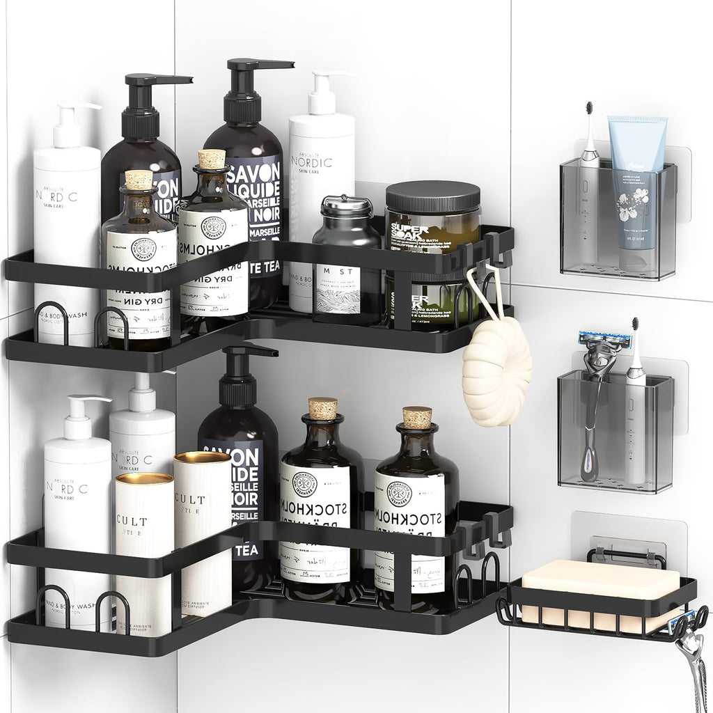 Gabeeriso Shower Caddy Corner, 2 Pack Bathroom Shelves with 12 Hooks, Black Rust-Resistant Adhesive Shower Shelf No Drilling with Independent Soap Holder (5 Pack)