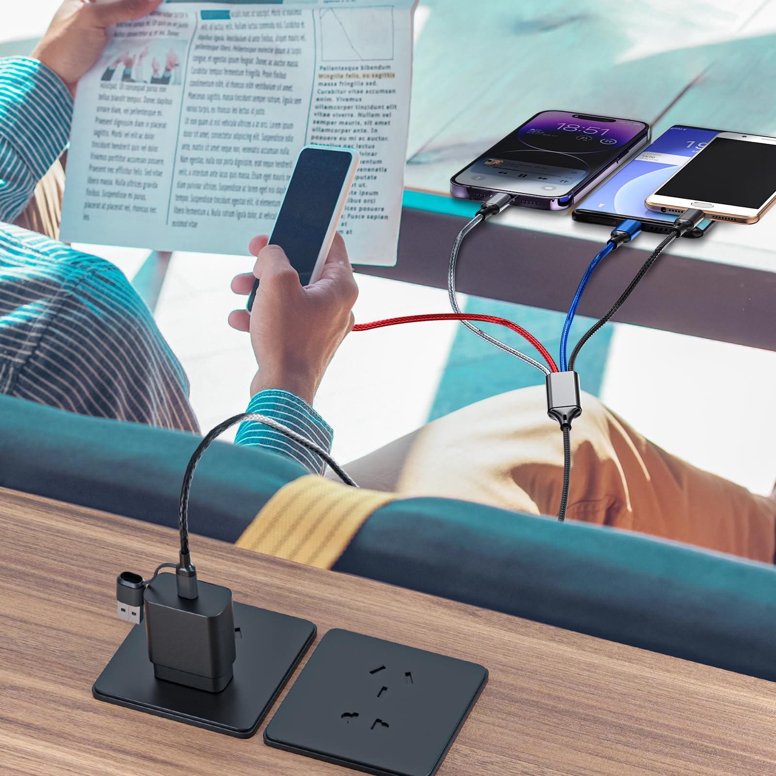 6 in 1 Multi Charging Cable 2Pack-6FT Multi USB Cable 3A Multi Charger Cable Braided Multiple Phone Charger Cable Universal USB A/C Charging Cord with 2*IP/Type C/Micro USB Port for Cell Phone/Tablets