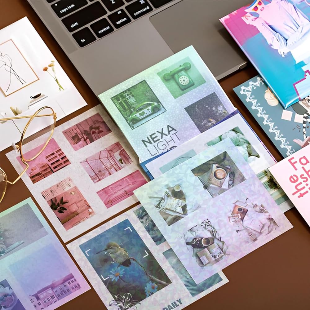 72 Sheets 8.25 x 11.7 Inches Vinyl Holographic Sticker Paper,Clear Overlay Lamination Sticker Paper, 8 Styles Mixed Transparent Holographic Vinyl Sheets, Glitter Laminate Film