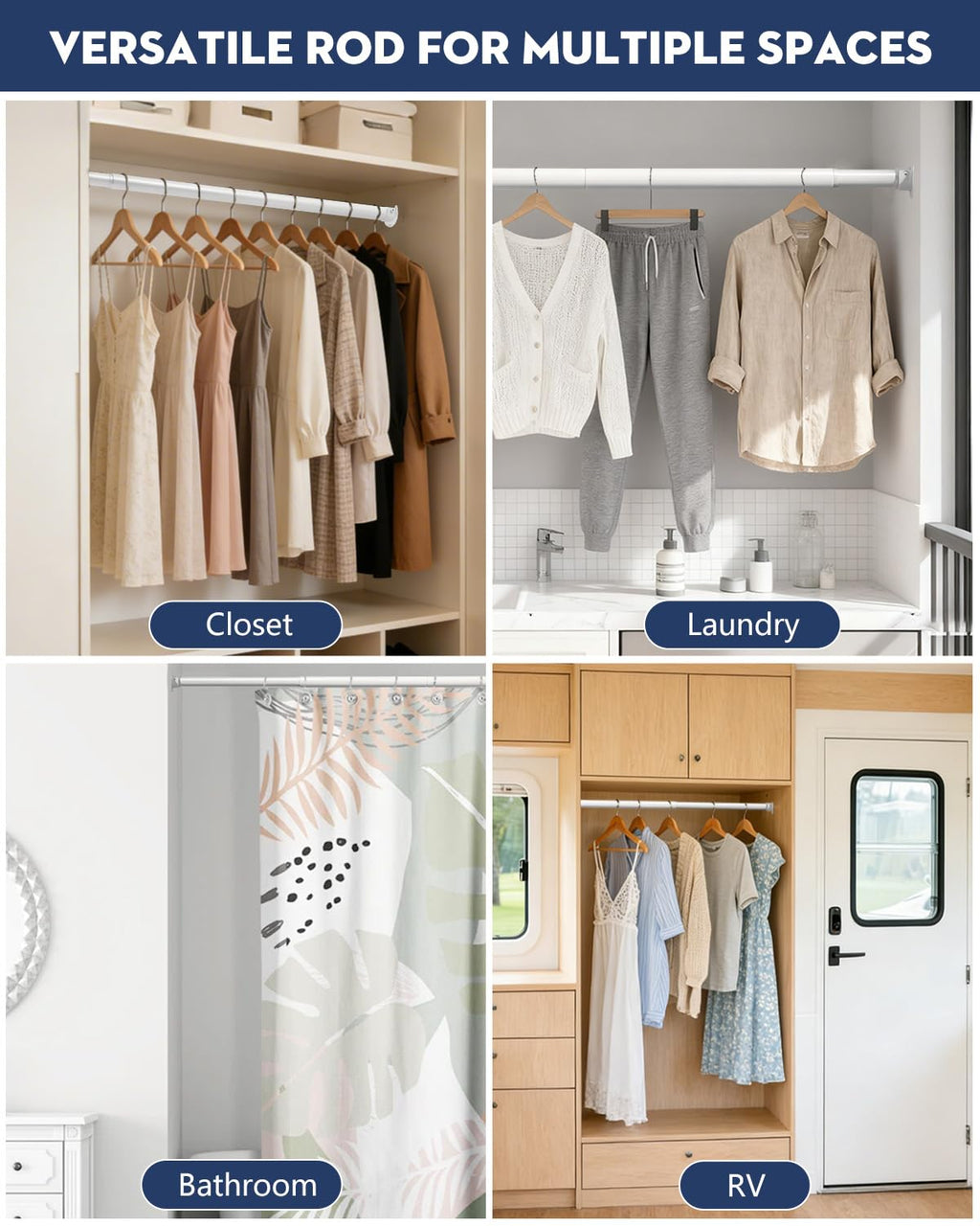 ASULUPHY Heavy Duty Closet Rod, 17-39 in Adjustable Closet Bar For Hanging Clothes, Telescopic Metal Closet Pole, Ideal for Laundry, Wardrobe, RV, Cloakroom, Bathroom-White