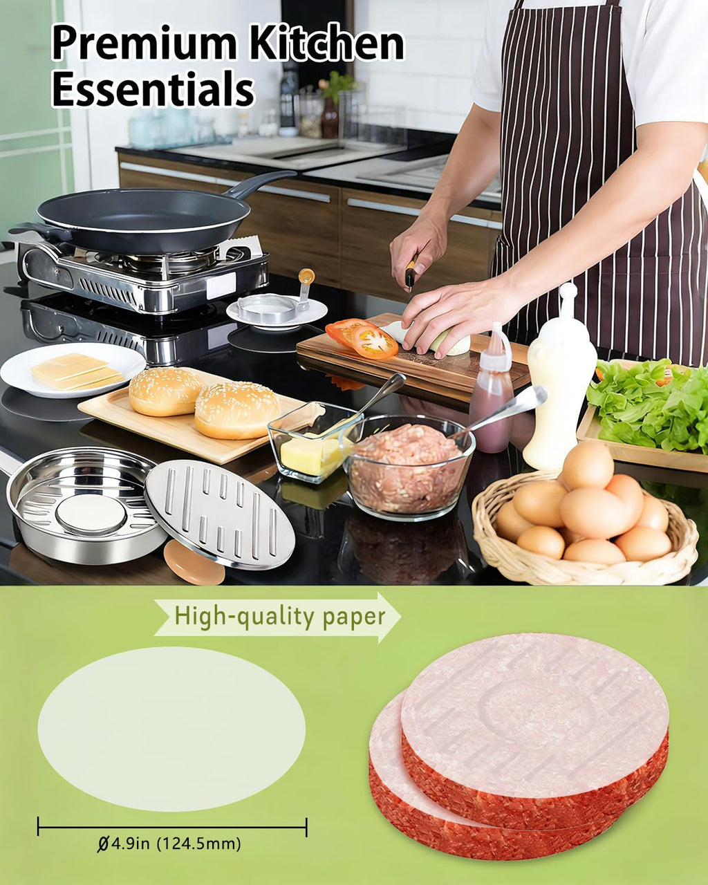 Burger Press, 5”Stainless Steel Hamburger Press Patty Maker, Non-Stick Hamburger Press for Making Patties, for Grilling and Cooking, Comes with 100 Pieces of Wax Paper