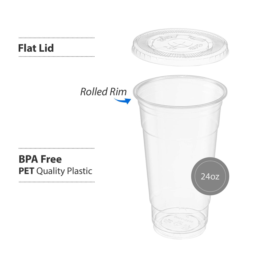 ELEGANT DISPOSABLES Crystal Clear PET Cups With Flat lids for Iced Coffee (24 oz)