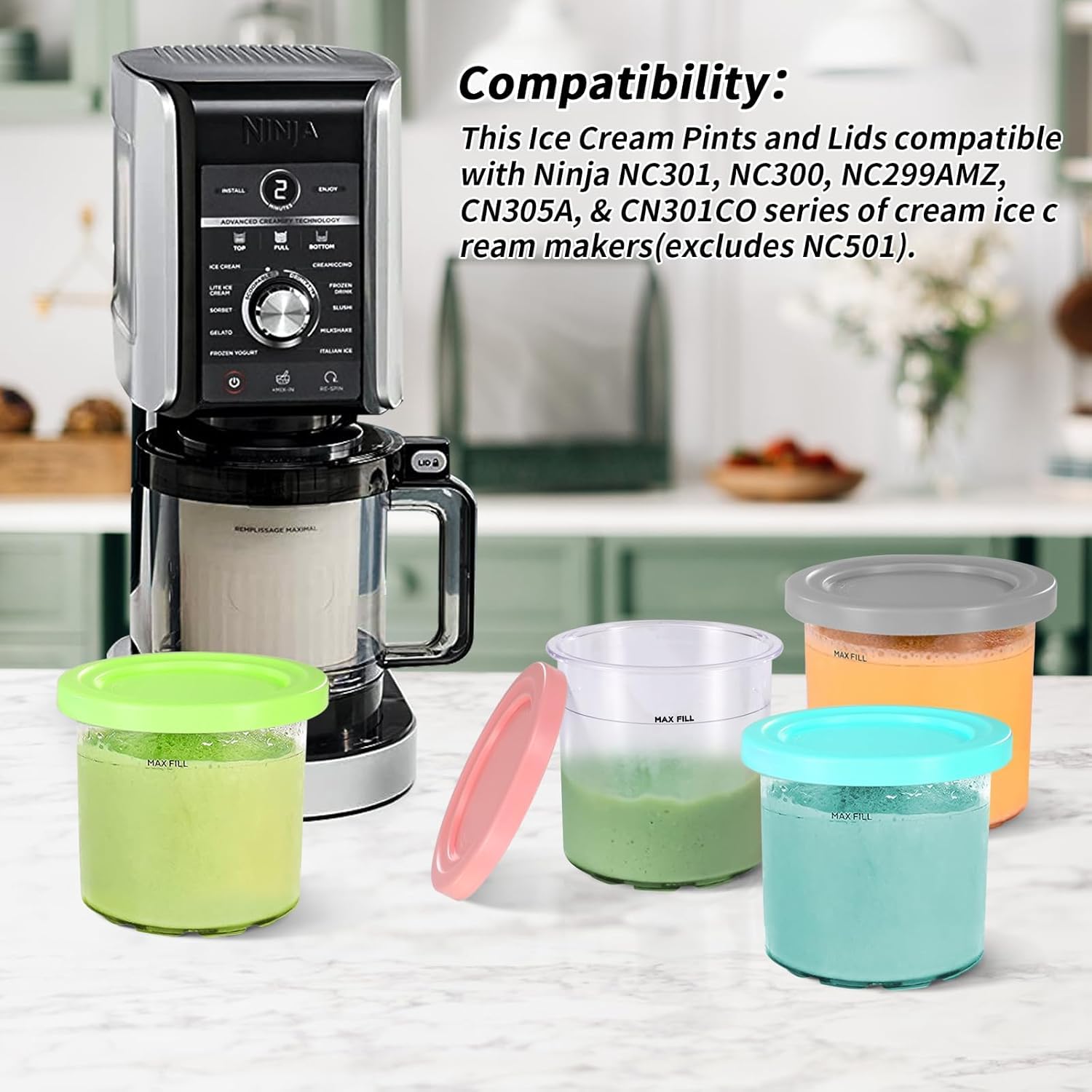 4 Pack Ice Cream Pints and Lids Compatible with Ninja NC300 NC301 NC299AMZ Series Creami Ice Cream Makers,BPA-Free,Dishwasher Safe,Color Lids,Ninja Creami Containers