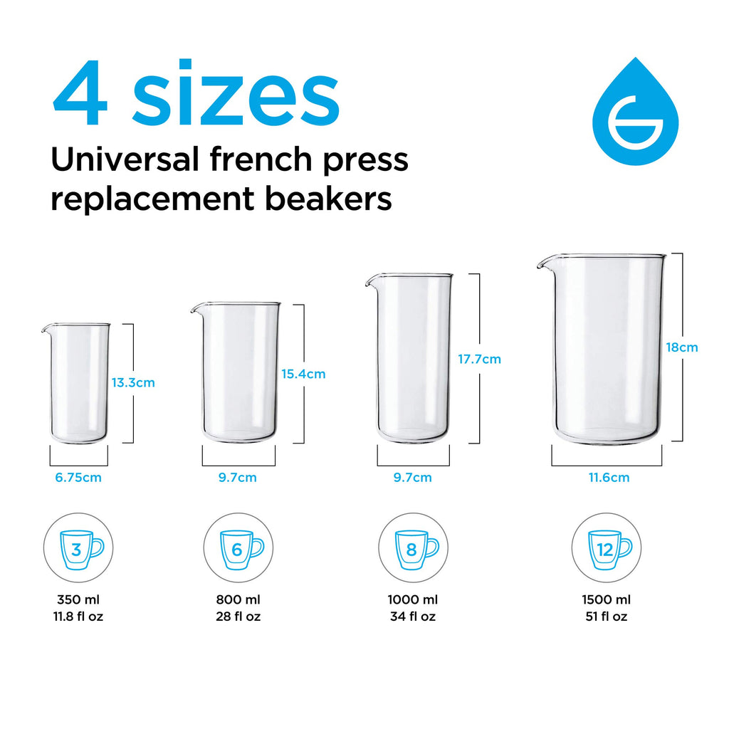 GROSCHE French Press Universal Spare Replacement Beaker, Fits Grosche and other brands of French Press Replacement Glass, Canadian Brand! 1000ml 34 fl oz (8 Cup Espresso Demitasse)
