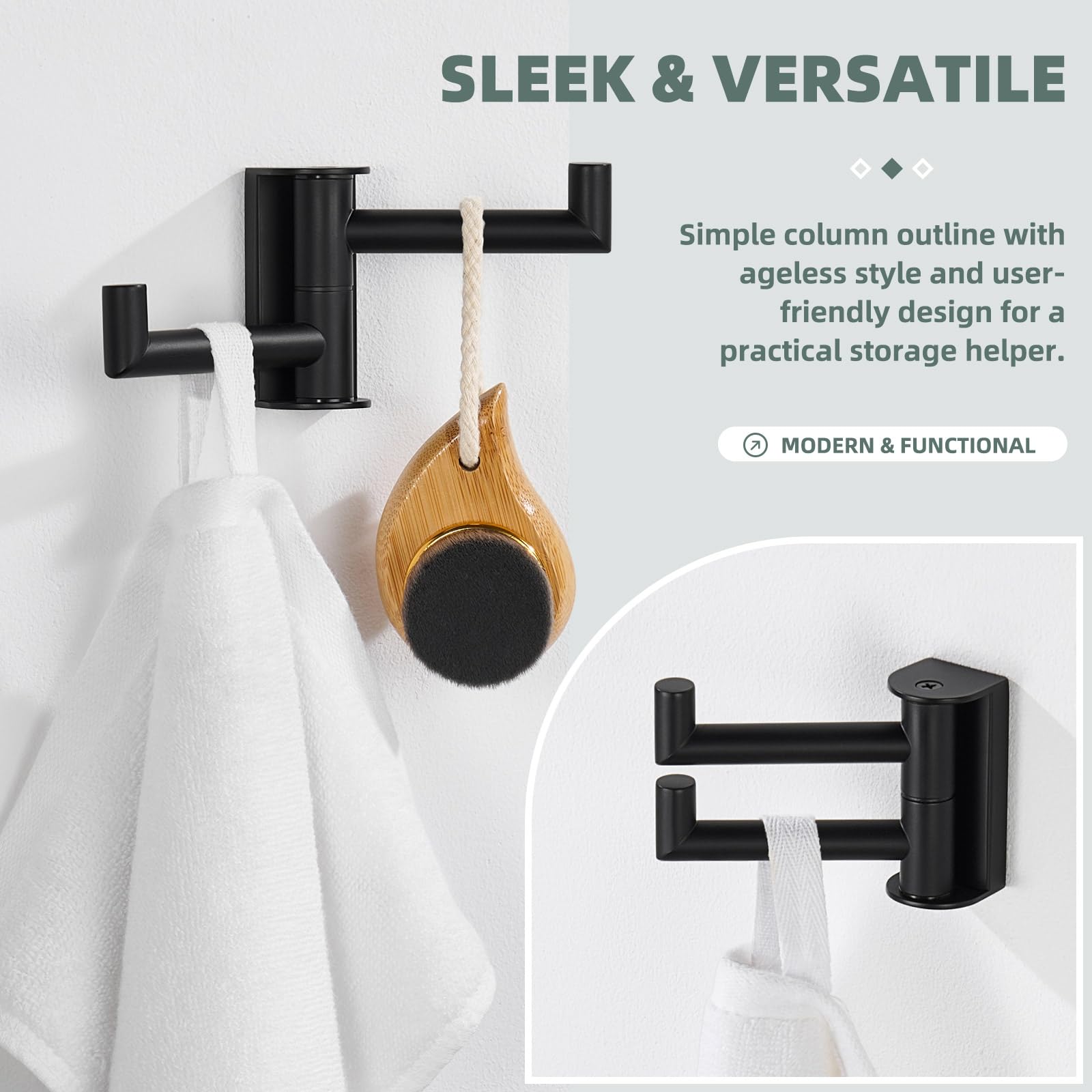 Angle Simple Swivel Double Towel Hook Matte Black, 304 Stainless Steel Robe Hook for Bathroom