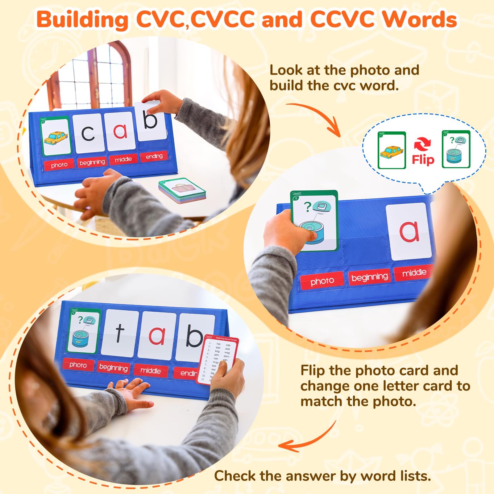 Gamenote Word Building Desktop Pocket Chart Tent Cards Kit - CVC Words Phonics Games Blending Board for Kindergarten Reading and Spelling