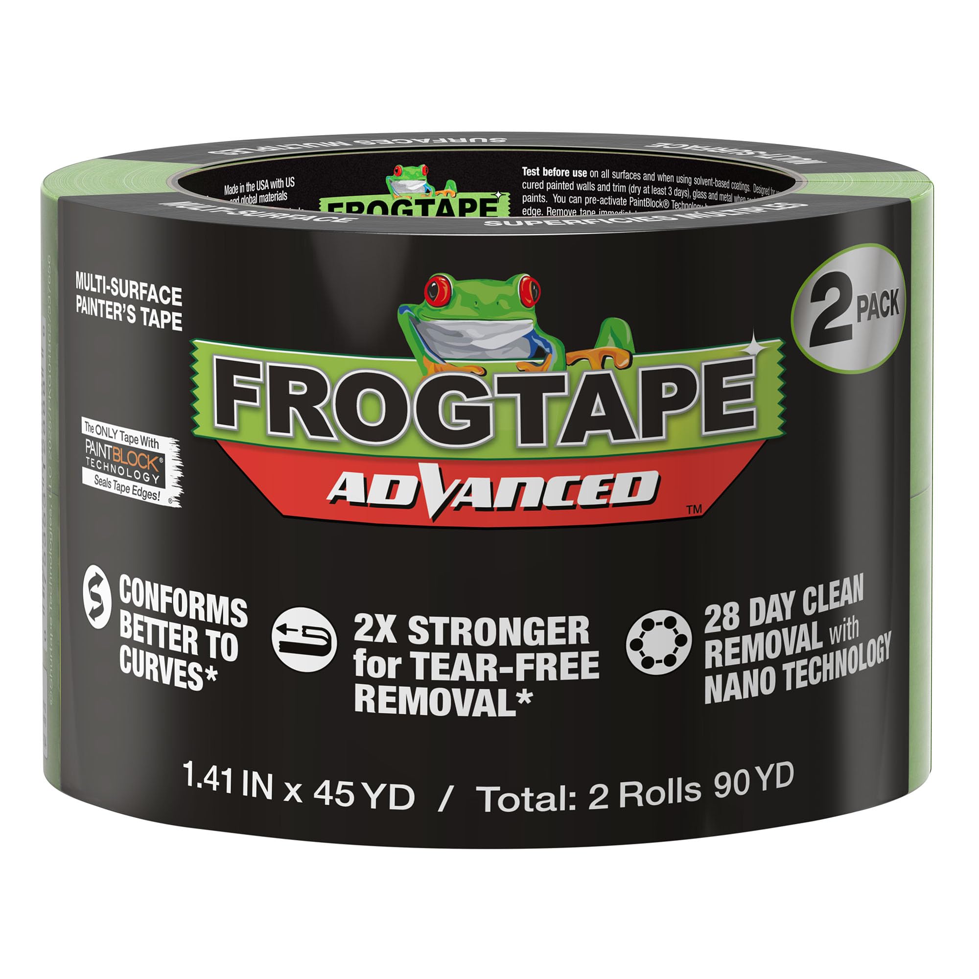 FrogTape Advanced Painters Tape, 1.5 Inch Wide (1.41-Inch x 45-Yard) Multi-Surface Tape with PAINTBLOCK, Conforms Around Curves & Contours, Tear-Free Removability, 2 Rolls, Green