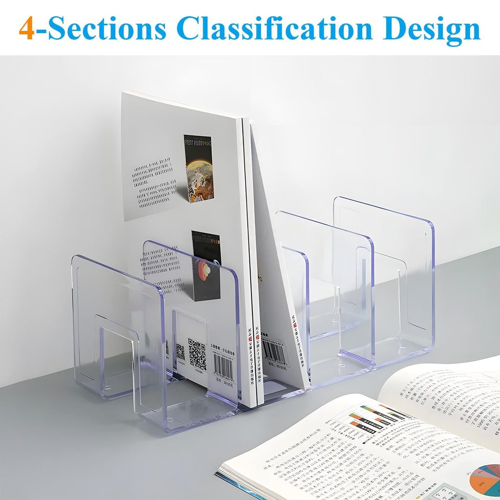 Supkiir 4 Pack 4-Section Acrylic File Sorter, Clear Desk File Organizer Book Organizer, Acrylic Office Organizers And Storage Stand Rack for Handbag Book Envelopes Document Notebook Electronics