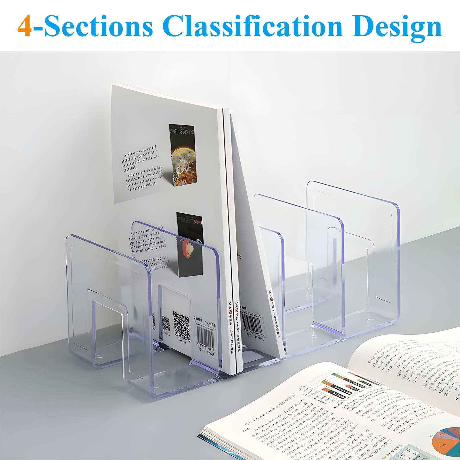 Supkiir 4 Pack 4-Section Acrylic File Sorter, Clear Desk File Organizer Book Organizer, Acrylic Office Organizers And Storage Stand Rack for Handbag Book Envelopes Document Notebook Electronics