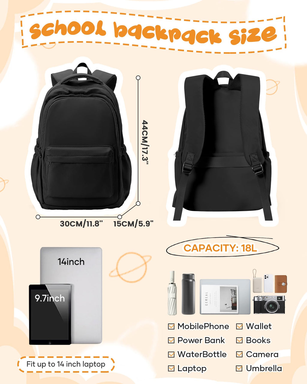 School Backpack for Women Men College High School Bag for Boys Girls Casual Daypack Laptop Backpack Waterproof Bookbag Black