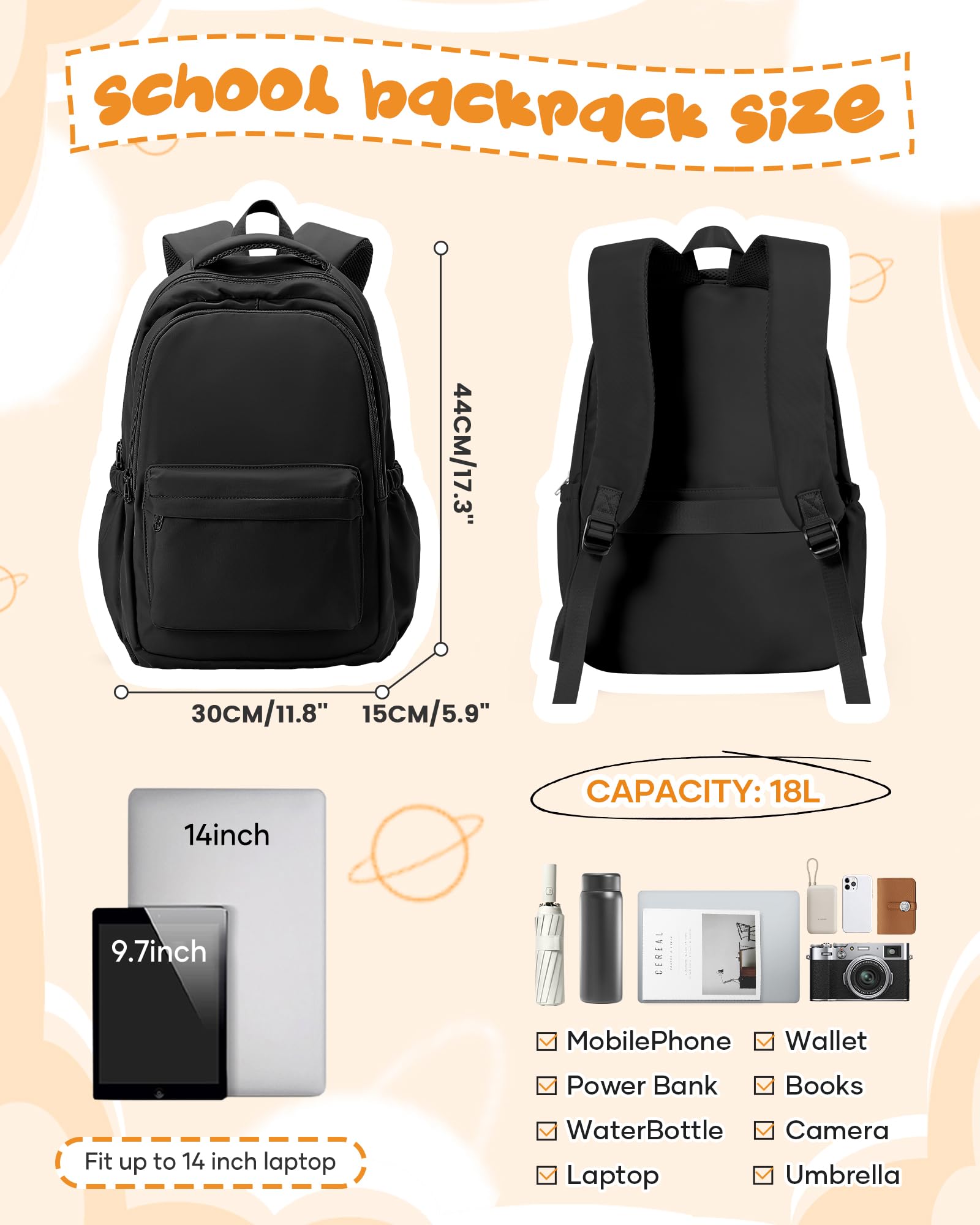School Backpack for Women Men College High School Bag for Boys Girls Casual Daypack Laptop Backpack Waterproof Bookbag Black