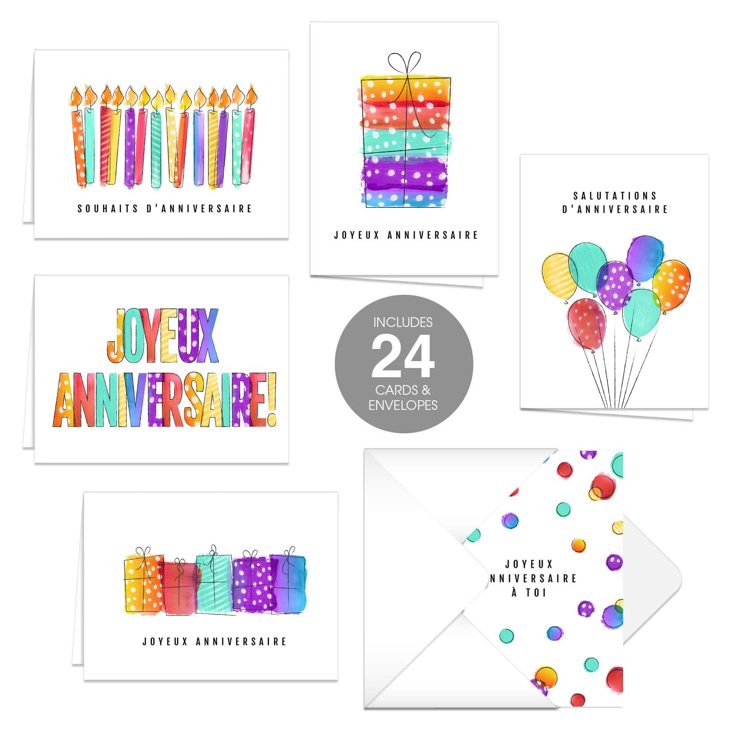 Modern Vibrant Watercolor Style Birthday Card Set / 24 Bright French Canadian Salutations D'anniversaire 4 5/8" x 6 1/4" Greeting Cards With White Envelopes / 6 Colorful Joyeux Anniversaire Designs / Made In Canada