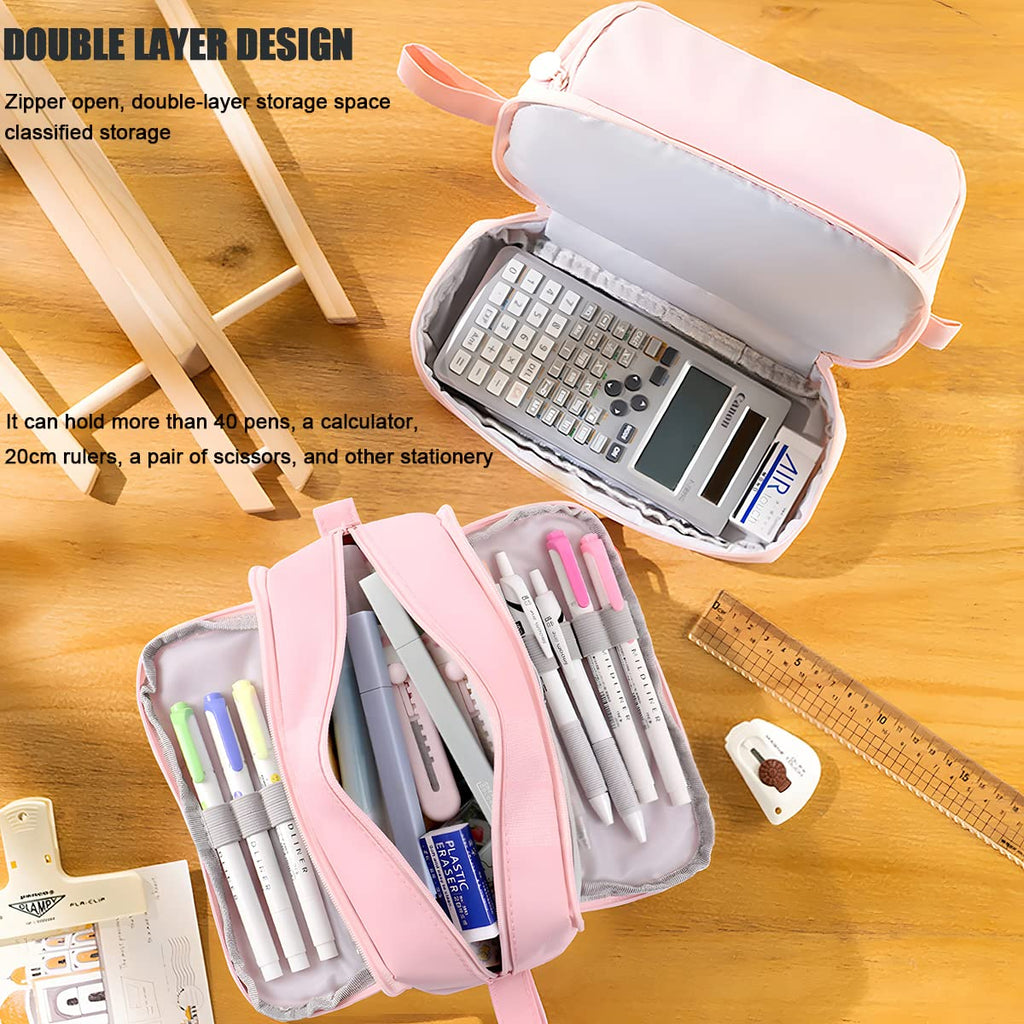 Large Capacity Pencil Case 4 Compartments, Pencil Case with Zipper Portable Handle, Aesthetic Pencil Case Stationery Organizer for Office College School Teen Girl Boy Men Women (Pink)