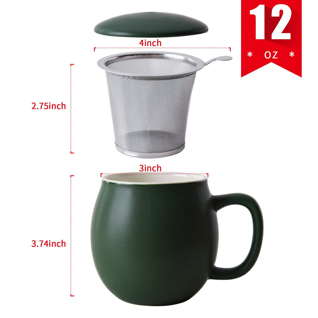 Yundu 12 OZ Porcelain Teacup with Infuser and Lid, Mug with Lid for Steeping, Matte Green